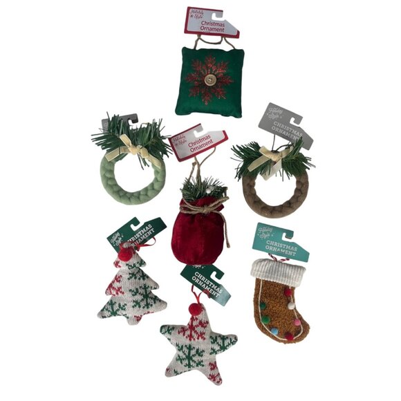 Holiday Style Set Of 7 Christmas Ornaments Knitted Fabric Designs - Picture 1 of 7